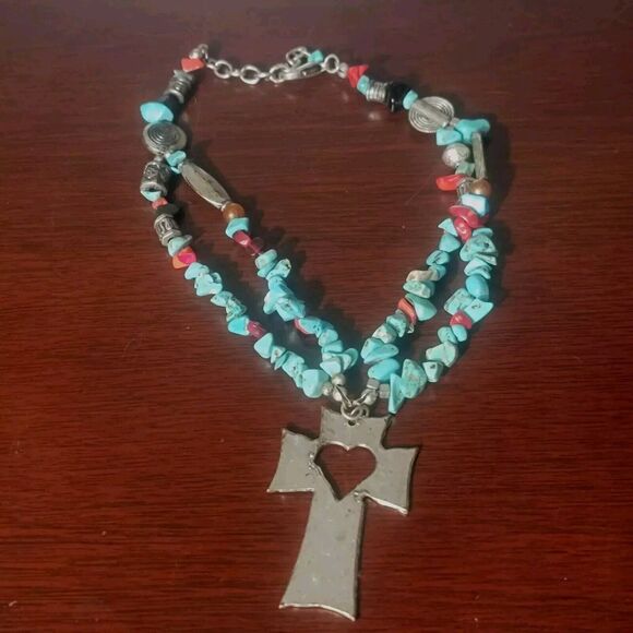 Southwestern Navajo Turquoise Double Strand Necklace Pewter Ankh Pendant Heart - Picture 1 of 12